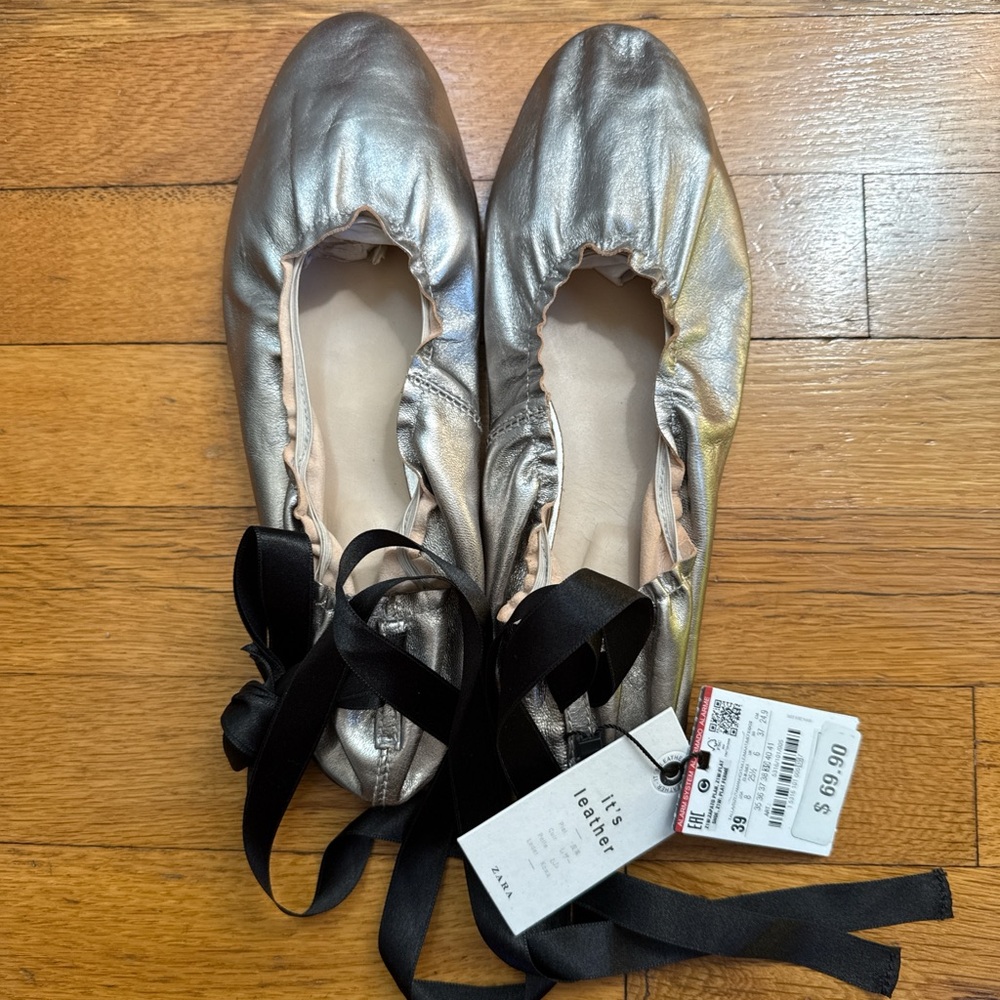 Zara Silver Ballet Flats with Black Ribbon